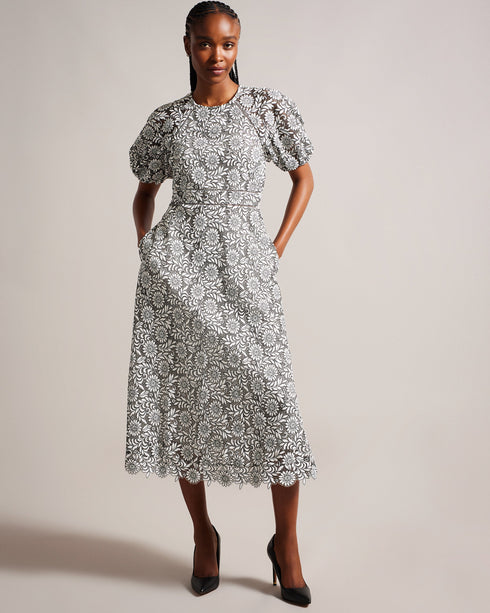 AYYAH-Dresses-Garden party? Meet AYYAH. This timeless midi's short puff sleeves add a playful touch to its silhouette, while the intricate lace detailing exudes sophistication. Midi dress Fit and flare Short puff sleeves Floral lace Ladder lace inserts Crew neck Zip fastening- Ted Baker Romania